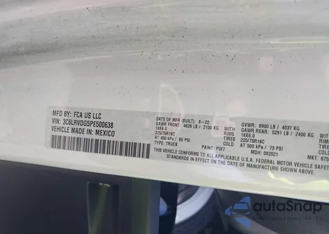 2023 Ram Promaster 2500 High Roof 159 Wb from USA, damaged, VIN 3C6LRVDG5PE500638